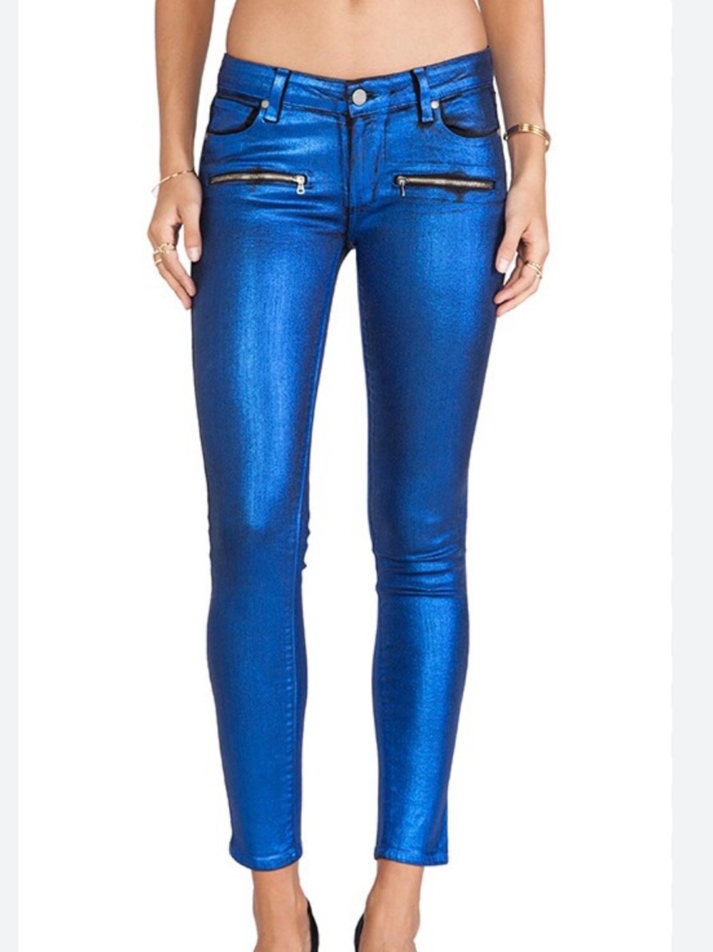 PAIGE Denim Indio Zip Ultra Skinny Jeans Metallic Blue Galaxy Coated Sz 26